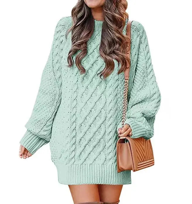 Women's Round Neck Long Sleeve Twisted Knitted Mid-length Dress Sweater Angel Wishes