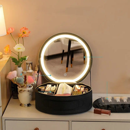 Round Smart LED Makeup Bag With Mirror Lights Women Beauty Bag Large Capacity PU Leather Travel Organizers Cosmetic Case Angel Wishes