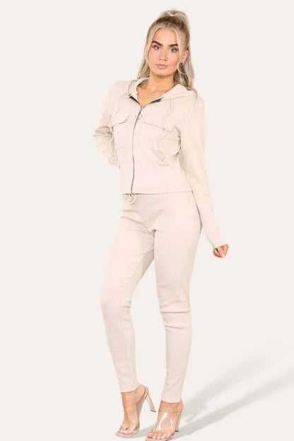 Front Pocket Zip Suit Ribbed Hooded Lounge Wear Set Angel Wishes