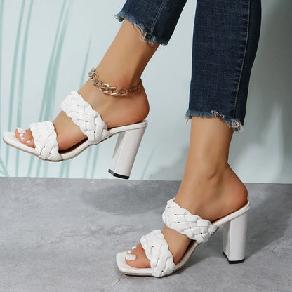 Square Toe Flip-flops Chunky Heel Woven Twisted Slippers Angel Wishes