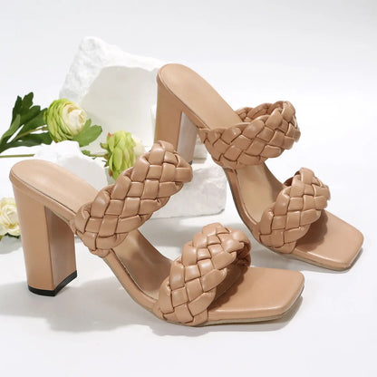 Square Toe Flip-flops Chunky Heel Woven Twisted Slippers Angel Wishes