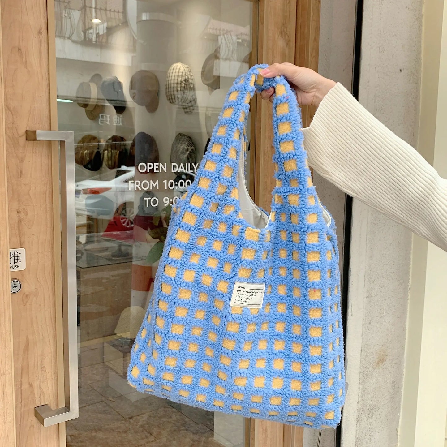 Waffle Flannel Bag Tote Bag Large Capacity Commute Minimalist Student Class Bag Angel Wishes