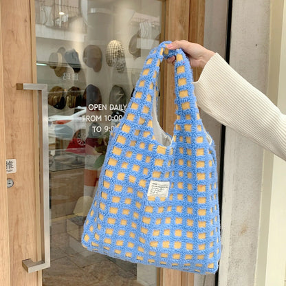 Waffle Flannel Bag Tote Bag Large Capacity Commute Minimalist Student Class Bag Angel Wishes
