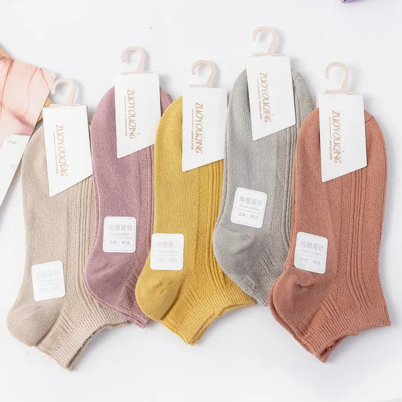 Women's Double Needle Solid Color Cotton Short Ankle Socks Angel Wishes