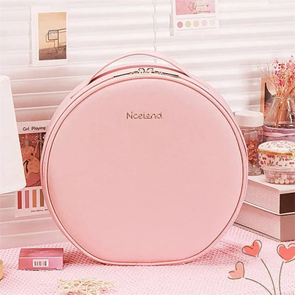 Round Smart LED Makeup Bag With Mirror Lights Women Beauty Bag Large Capacity PU Leather Travel Organizers Cosmetic Case Angel Wishes