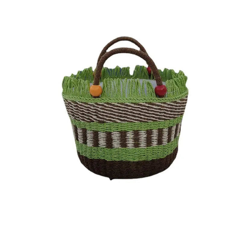 Picnic Basket Tassel Wooden Bead Decorative Cute Handbag Hand Woven Angel Wishes