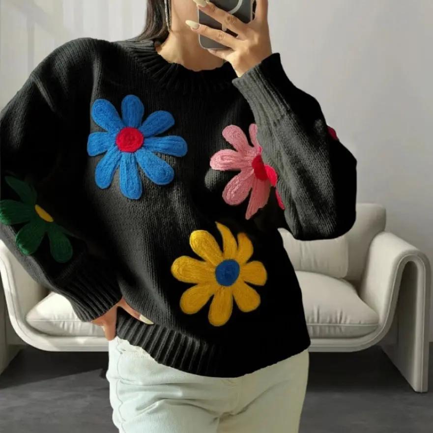Coloured Flowers Embroidery Pullover Sweater Angel Wishes