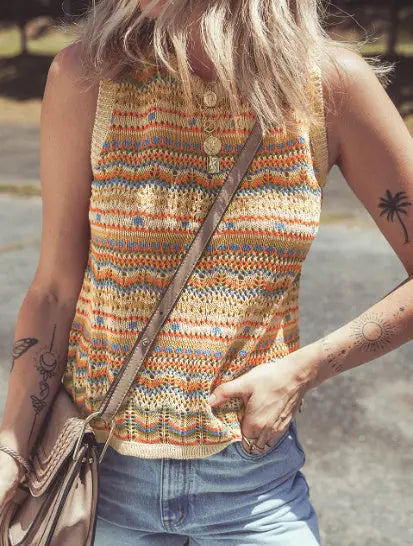 Brown Stripe Eyelet Crochet Round Neck Sweater Vest Angel Wishes