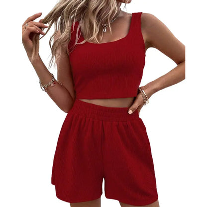 Sweet Knitted Suit Summer Square Neck Vest Top And Elastic Shorts Fashion Casual Solid Color 2Pcs Set Womens Clothing Angel Wishes