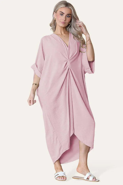 Womens V-Neck Tie Knotted Twisted Front Oversized Longline Midi Dress Angel Wishes