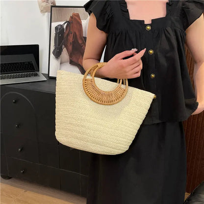 Seaside Ins Style Straw Bag Large Capacity Round Portable Angel Wishes