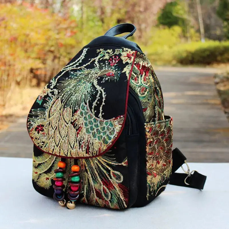 Ethnic Style Embroidery Bag Sequins Retro Handbags Phoenix Peony Fashion School Bag Angel Wishes