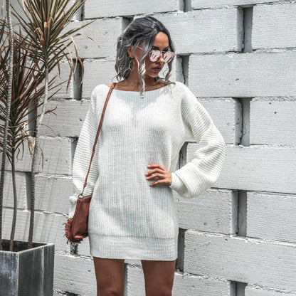 European And American Casual Off Shoulder Lantern Sleeve Knitted Sweater Dress Angel Wishes