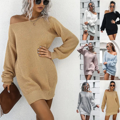 European And American Casual Off Shoulder Lantern Sleeve Knitted Sweater Dress Angel Wishes