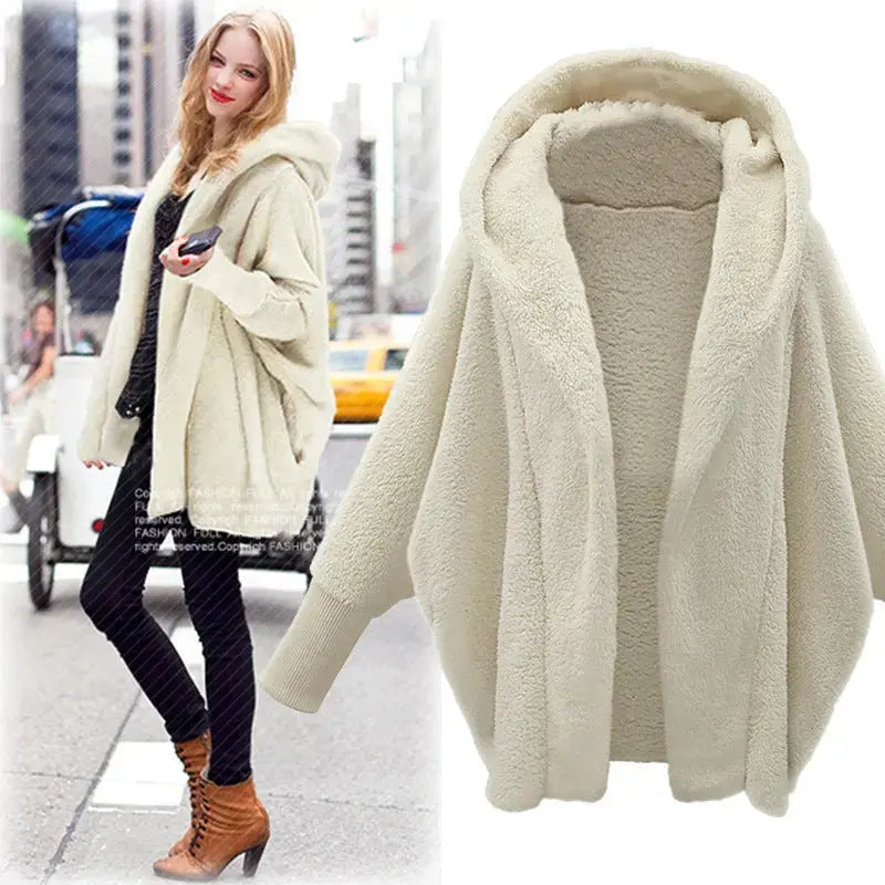 European And American Women's Clothing Solid Color Long Sleeve Hooded Loose Plush Coat Angel Wishes