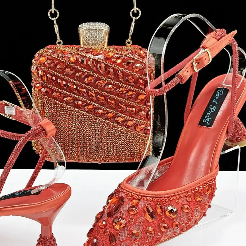 Large Rhinestone High Heel Sandals Three-dimensional Tassel Handbag Set Angel Wishes