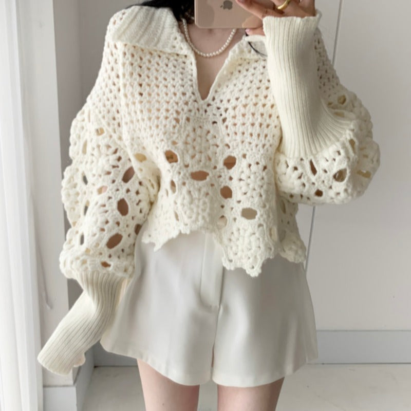 Ladies Loose Lantern Sleeve Crocheted Hollow Sweater Angel Wishes