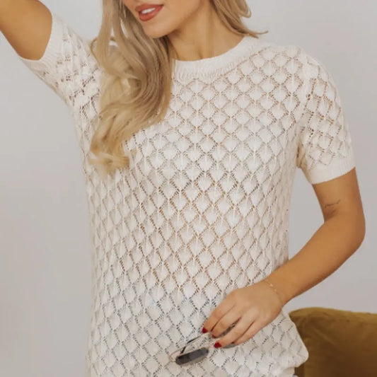 Beige Hollow Out Crochet O Neck Short Sleeve Sweater Tee Angel Wishes