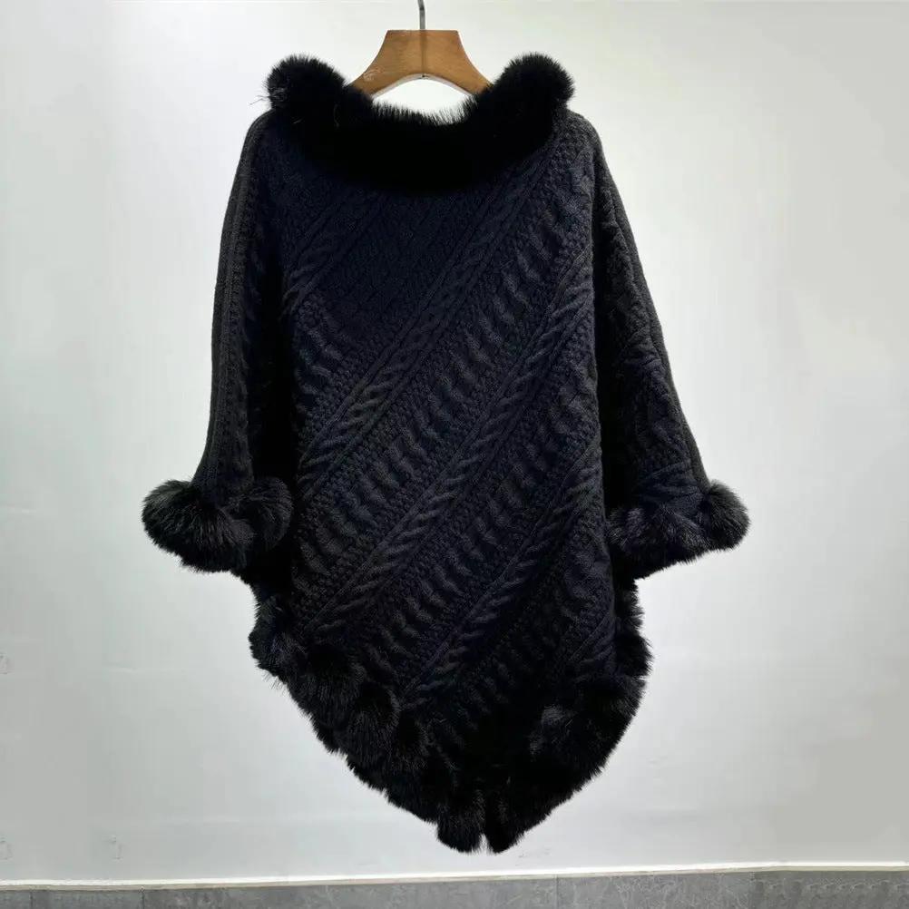 Fur Collar Oversized Knit Pullover Shawl Cloak Angel Wishes