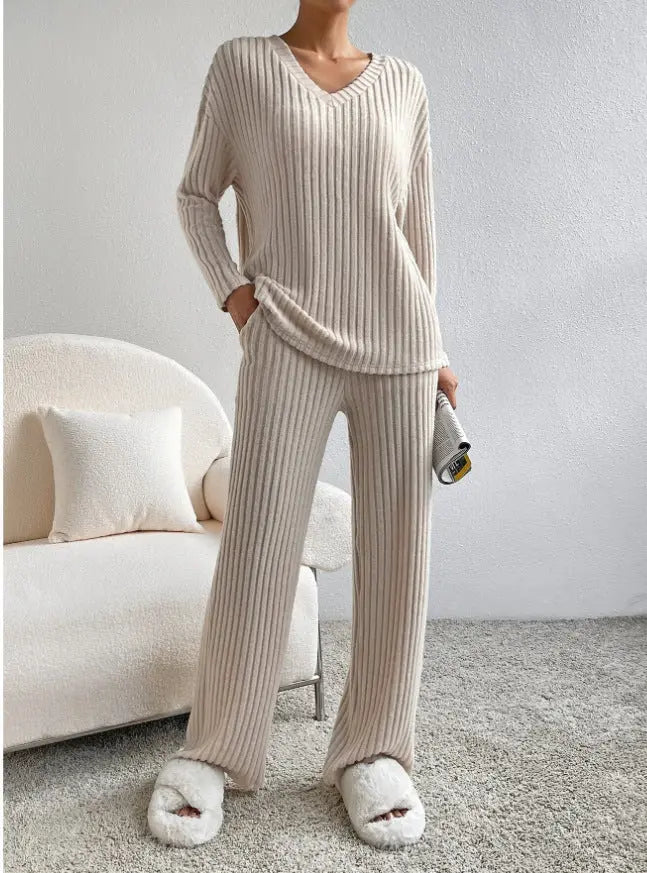 Fashion Solid Striped Suit V-neck Long-sleeved Top And  Pants Angel Wishes