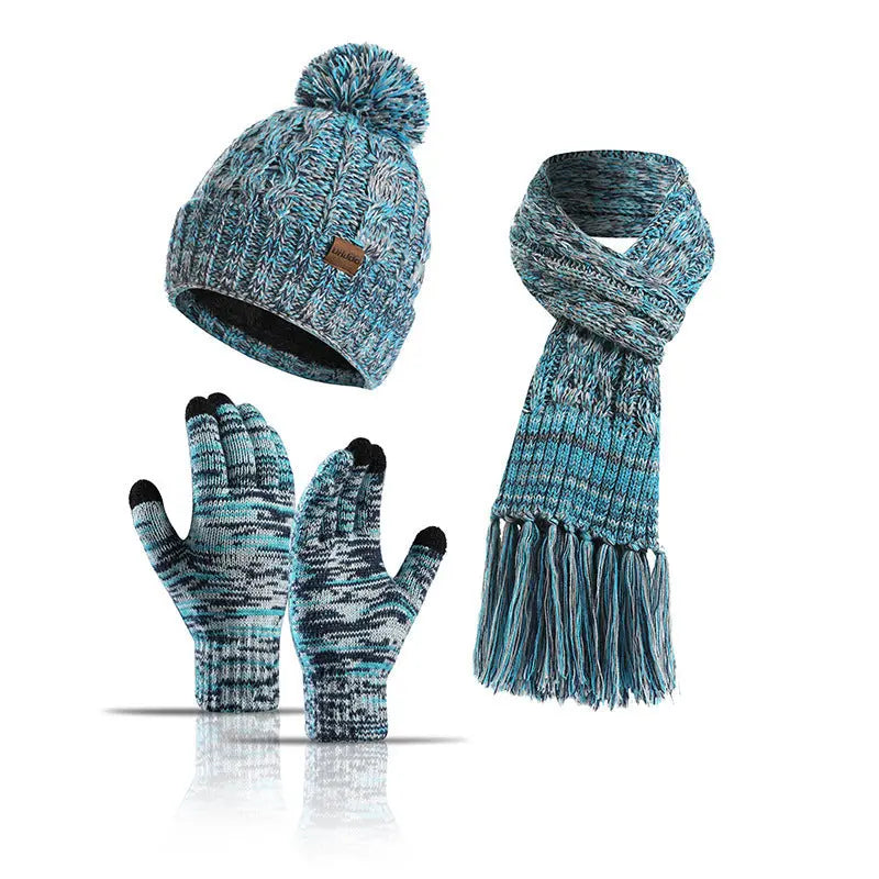 Three-piece Set Of Color Hat Thick Scarf Touch Screen Gloves Angel Wishes