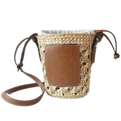 New French Women's Rhombus Bucket Straw Woven Shoulder Bag Angel Wishes