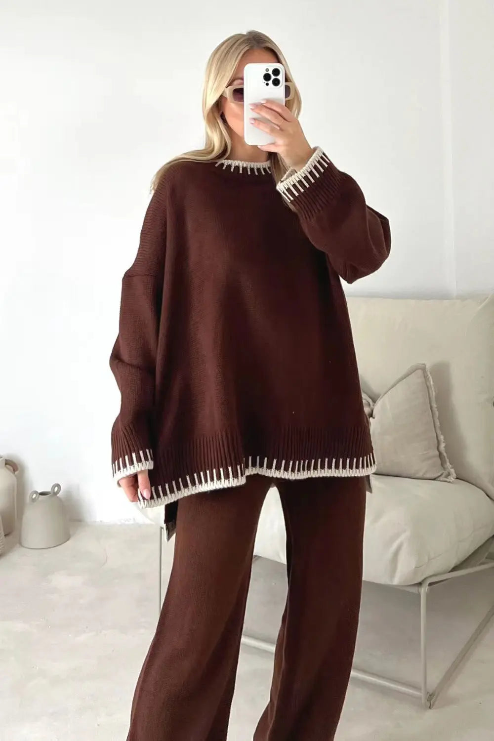 Women's Suit Fashion Pullover Split Long-sleeved Top And Loose Straight Pants Solid Color Two-piece Set Angel Wishes