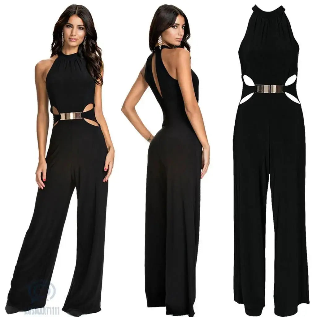 Fashion casual stitching long-sleeved high-neck flared pants black sling jumpsuit Angel Wishes