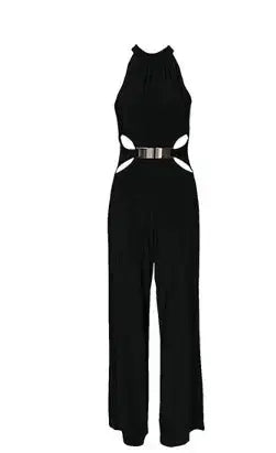 Fashion casual stitching long-sleeved high-neck flared pants black sling jumpsuit Angel Wishes