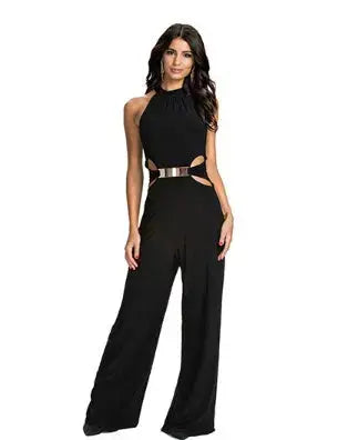 Fashion casual stitching long-sleeved high-neck flared pants black sling jumpsuit Angel Wishes