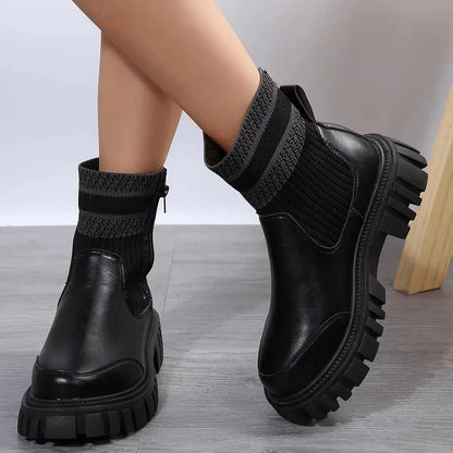 Fashion Mid-tube Boots With Zipper Design Non-slip Thick Sole Elastic Knitted Patchwork Boots For Women Round Toe Shoes Winter Angel Wishes