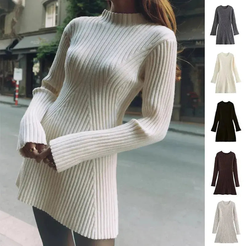 Fashion Solid Ribbed Knitted Dress Fall And Winter Slim-fit Stand-up Collar A-line Dresses Women's Clothing Angel Wishes