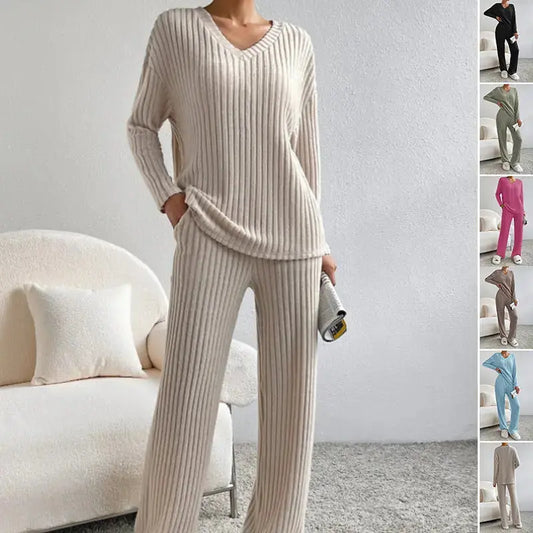 Fashion Solid Striped Suit V-neck Long-sleeved Top And  Pants Angel Wishes