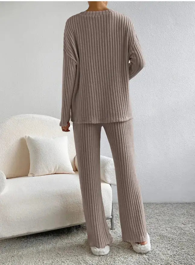 Fashion Solid Striped Suit V-neck Long-sleeved Top And  Pants Angel Wishes