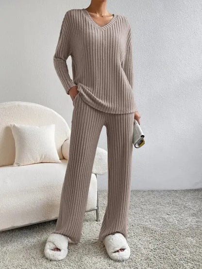 Fashion Solid Striped Suit V-neck Long-sleeved Top And  Pants Angel Wishes