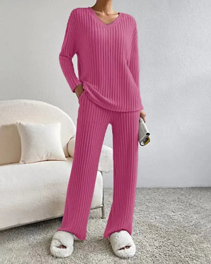 Fashion Solid Striped Suit V-neck Long-sleeved Top And  Pants Angel Wishes