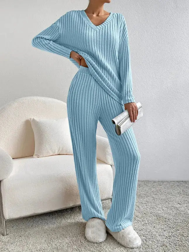 Fashion Solid Striped Suit V-neck Long-sleeved Top And  Pants Angel Wishes