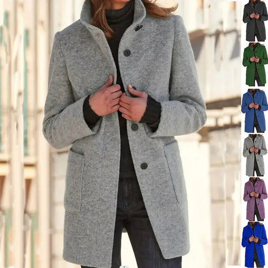 Fashion Stand Collar Woolen Coat With Pockets Fall Winter Casual Button Outwear For Women Clothing Angel Wishes