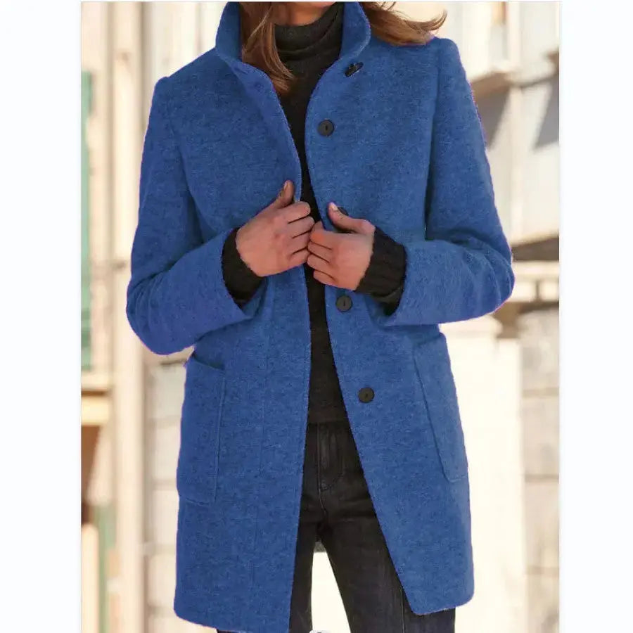 Fashion Stand Collar Woolen Coat With Pockets Fall Winter Casual Button Outwear For Women Clothing Angel Wishes