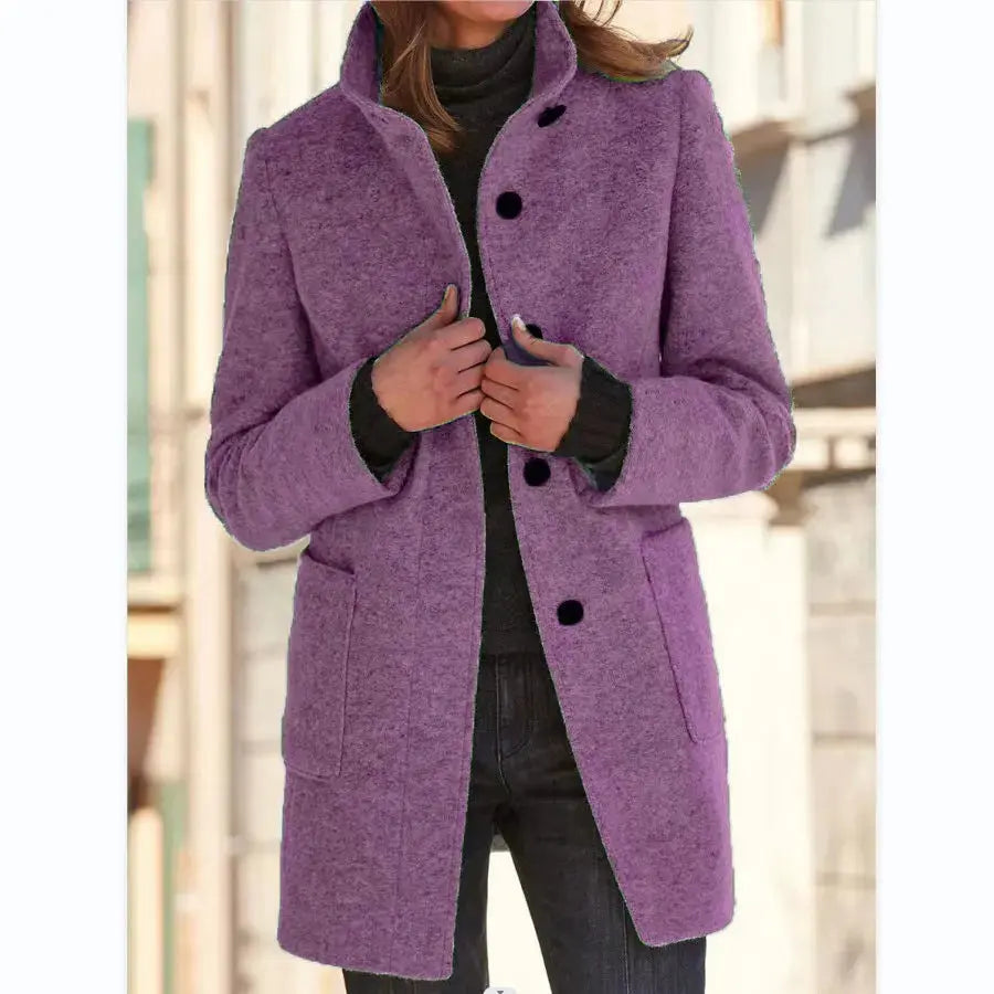 Fashion Stand Collar Woolen Coat With Pockets Fall Winter Casual Button Outwear For Women Clothing Angel Wishes