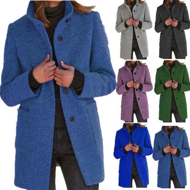 Fashion Stand Collar Woolen Coat With Pockets Fall Winter Casual Button Outwear For Women Clothing Angel Wishes