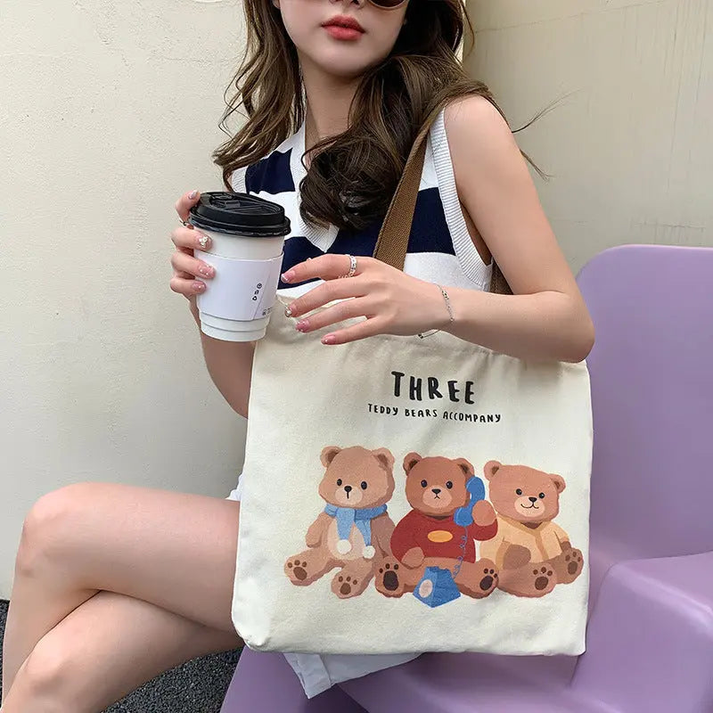 Cute Bear Printed Canvas Bag Women All-match Shoulder Bags Student Large Capacity Daily Handbags Angel Wishes