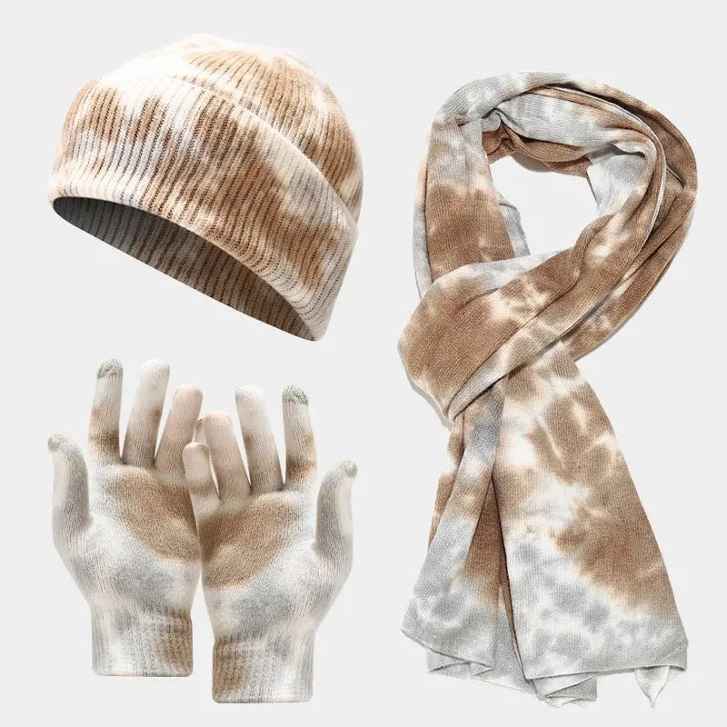 Tie-dye Knitted Hat Gloves Scarf Set Ladies Angel Wishes