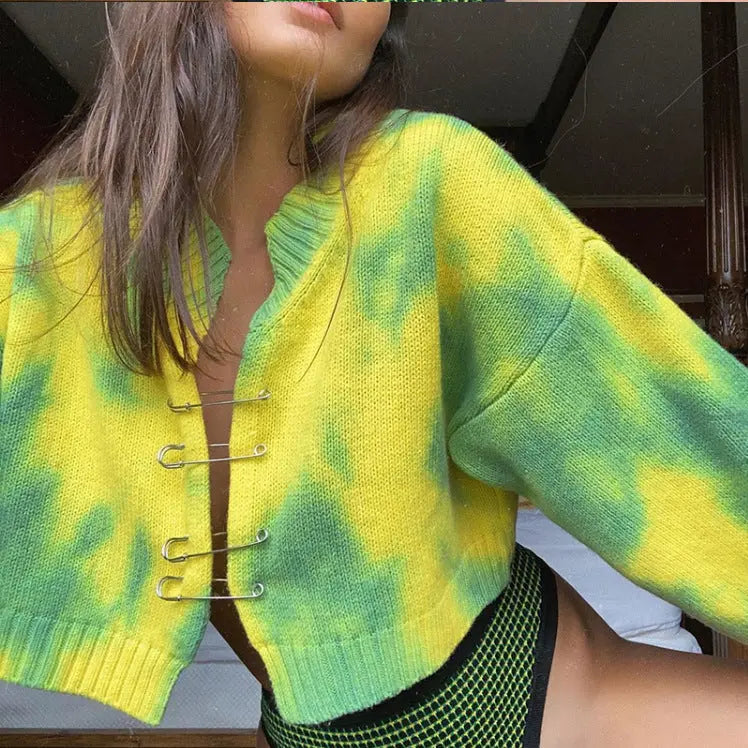 Tie-dye Pin Buckle Design Knitted Sweater Angel Wishes
