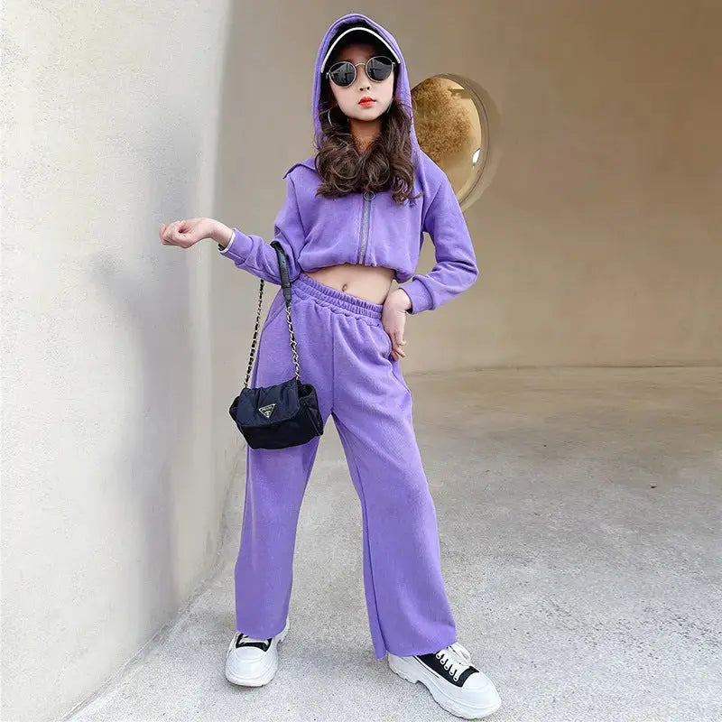 Girls Spring Two-piece Suit Of Korean Style Hooded Cardigan And Wide-leg Pants Angel Wishes