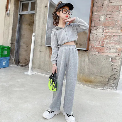 Girls Spring Two-piece Suit Of Korean Style Hooded Cardigan And Wide-leg Pants Angel Wishes