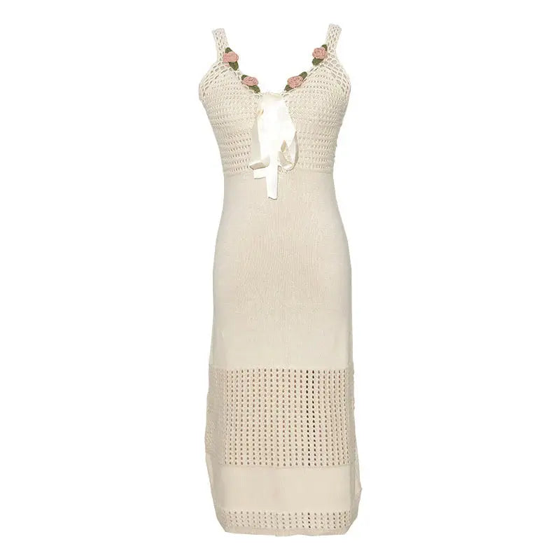 Hand-crocheted V-neck lace-up knitted dress Angel Wishes