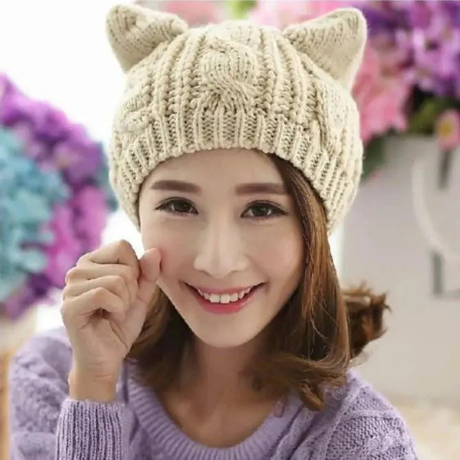 Hand Made 3D Cute Knitted Cat Ear Beanie For Winter Angel Wishes