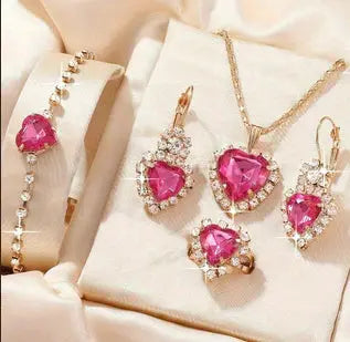 Heart Shape Rhinestone Necklace Earring Ring Bracelet 4 PCs Set Angel Wishes