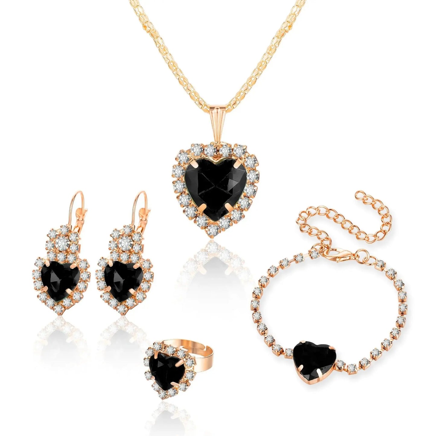 Heart Shape Rhinestone Necklace Earring Ring Bracelet 4 PCs Set Angel Wishes